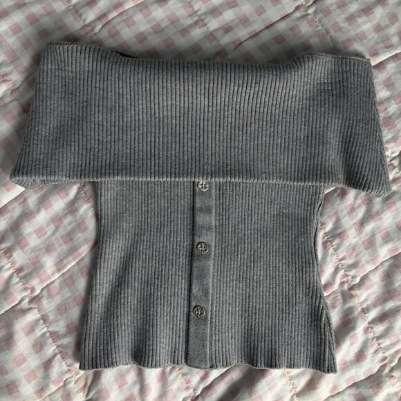 Tops - Gray Ribbed Off Shoulder Top